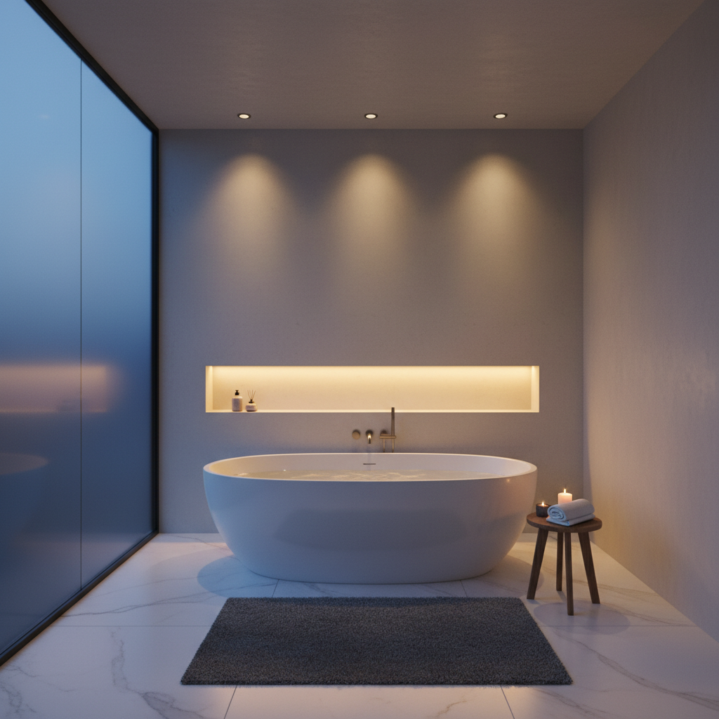 Luksusowa, wolnostojąca wanna w minimalistycznej łazience o zmierzchu. Jedynym źródłem światła jest subtelna, ciepła listwa LED ukryta we wnęce ściennej za wanną oraz kilka małych punktów świetlnych w suficie, tworzących intymną i relaksującą atmosferę.