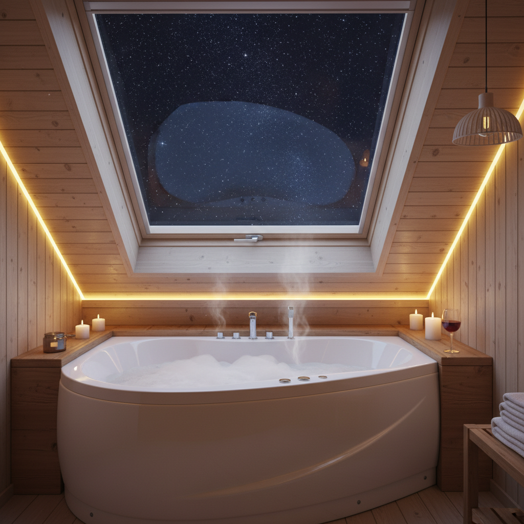 Przytulna wanna umieszczona bezpośrednio pod dużym oknem połaciowym, przez które widać nocne niebo z gwiazdami. Na krawędzi wanny stoją zapalone świece i kieliszek wina. Wnętrze jest ciepłe, z drewnianymi akcentami i miękkim oświetleniem.
