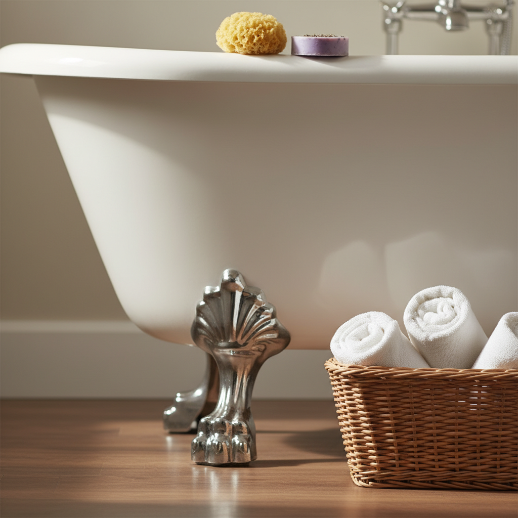Zbliżenie na fragment białej, wolnostojącej wanny na zdobionych, chromowanych nóżkach w kształcie lwich łap. Obok wanny na drewnianej podłodze stoi wiklinowy kosz z białymi ręcznikami. Na krawędzi wanny leży naturalna gąbka i mydełko lawendowe. Światło jest miękkie i ciepłe, podkreślając detale i faktury.