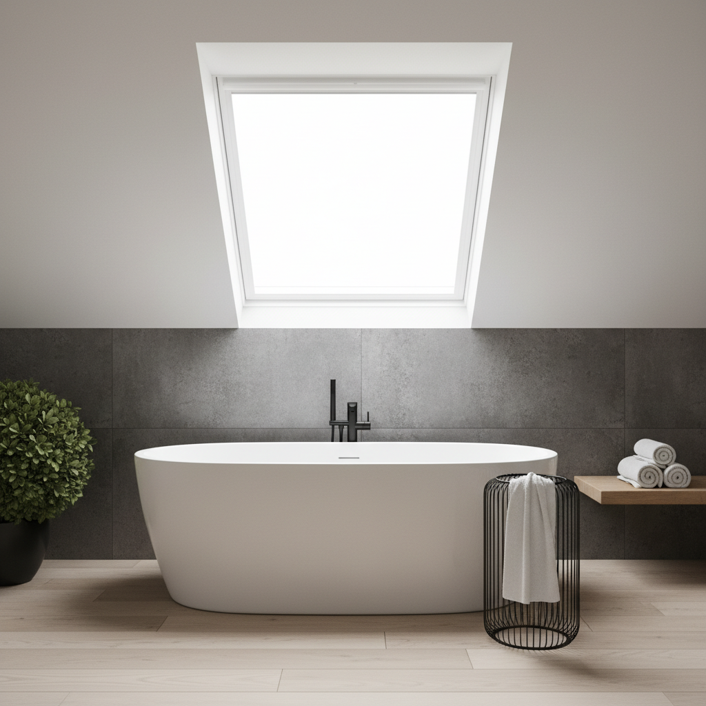 Elegancka, biała wanna wolnostojąca ustawiona centralnie pod dużym oknem dachowym w łazience na poddaszu. Za wanną znajduje się ściana pokryta ciemnoszarymi płytkami imitującymi beton. Obok wanny stoi minimalistyczny, czarny, ażurowy wieszak na ręczniki, a na drewnianej półce leży kilka zwiniętych, białych ręczników.
