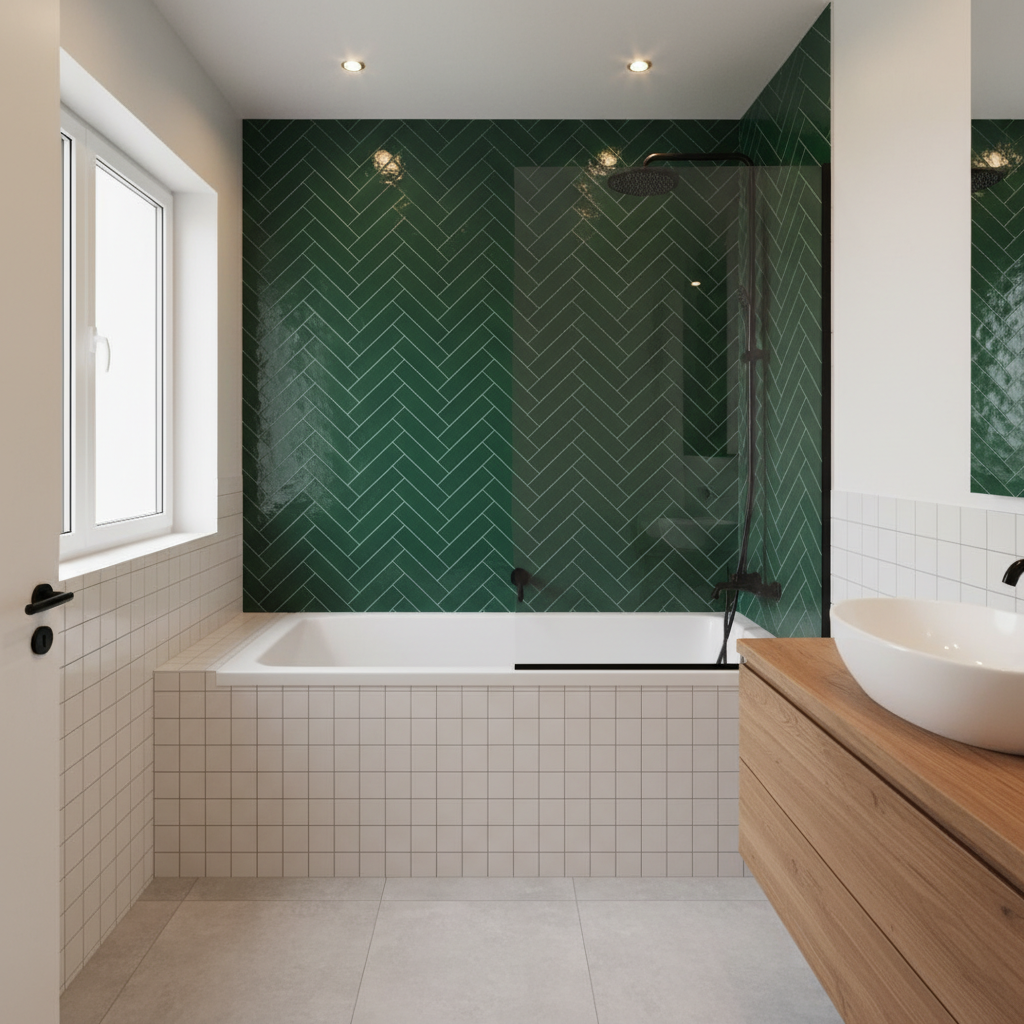 Elegancka, mała łazienka z wanną i szklanym parawanem nawannowym. Wanna jest obudowana białymi płytkami. Na ścianie nad wanną znajdują się płytki w kolorze butelkowej zieleni ułożone w jodełkę. Nowoczesna, czarna armatura (bateria wannowa i deszczownica) kontrastuje z jasnym wnętrzem. Obok wanny widać fragment drewnianego blatu z umywalką.