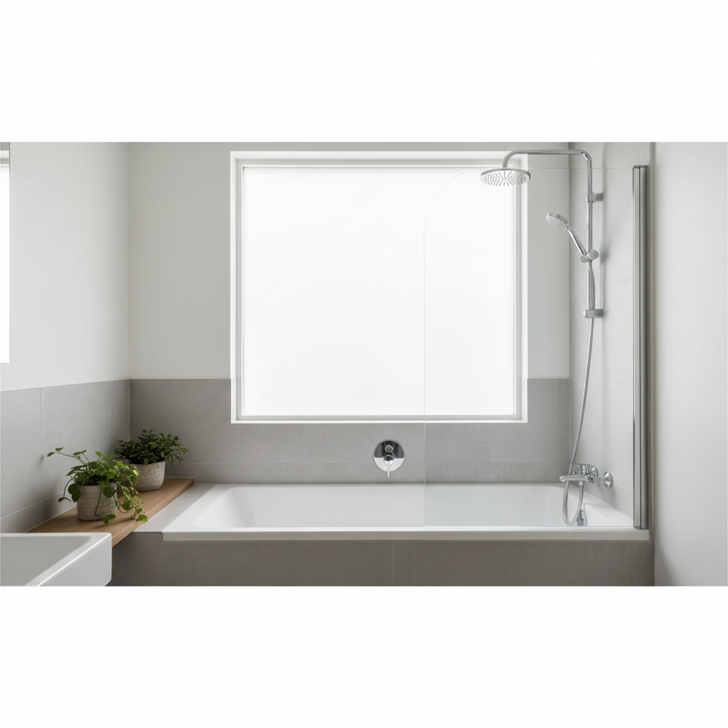 Nowoczesna, prostokątna wanna z zamontowanym na niej eleganckim, szklanym parawanem. Widać deszczownicę i słuchawkę prysznicową. Wnętrze jest jasne i minimalistyczne.