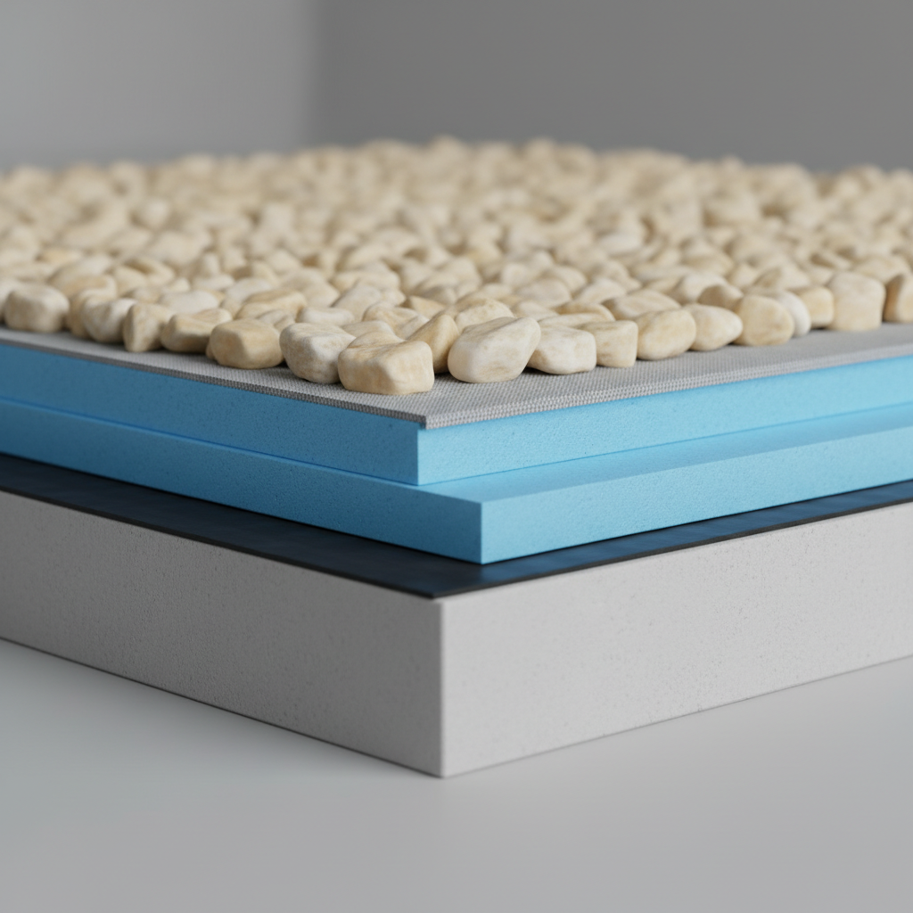 Estetyczne, szczegółowe ujęcie przekroju nowoczesnego stropodachu w układzie odwróconym. Widoczne są poszczególne warstwy: betonowy strop, czarna hydroizolacja, niebieskie płyty termoizolacji XPS, szara geowłóknina i na samej górze warstwa dekoracyjnego, jasnego żwiru. Obraz jest czysty, minimalistyczny, z miękkim oświetleniem studyjnym.