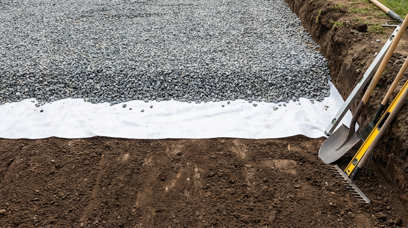 Przekrój prac ziemnych pod kostkę brukową, ukazujący kolejne warstwy: wyrównany grunt rodzimy, na nim rozłożona biała geowłóknina, a na wierzchu gruba warstwa szarego kruszywa. Kadr jest czysty i estetyczny, z boku widać narzędzia budowlane.