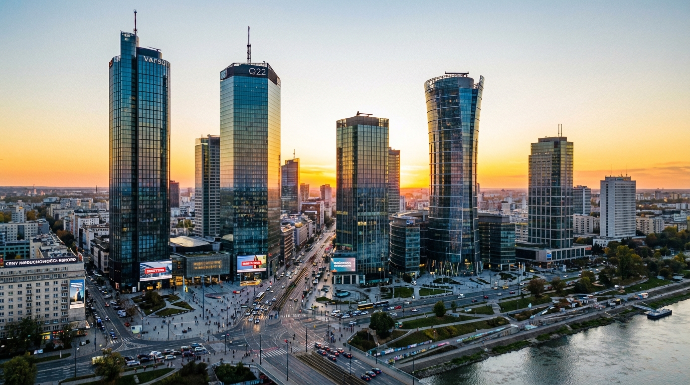 Nowoczesna panorama centrum Warszawy o zachodzie słońca. Widoczne są szklane wieżowce i tętniące życiem miasto. Obraz symbolizuje wysokie koszty życia i ceny nieruchomości w stolicy, ale także dynamikę i możliwości zawodowe.