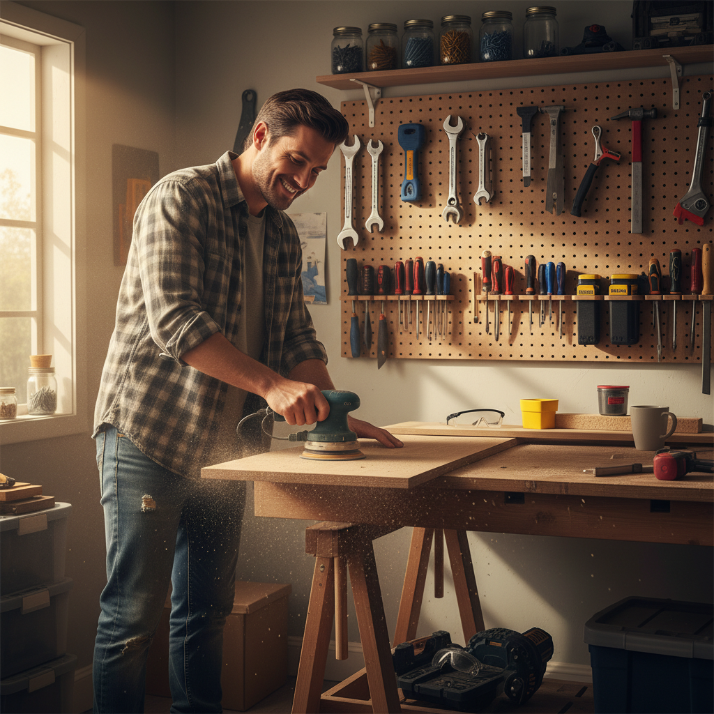 Jasne, dobrze oświetlone wnętrze domowego warsztatu lub garażu. W tle widać narzędzia wiszące na ścianie. Na pierwszym planie osoba w casualowym stroju (np. flanelowa koszula, dżinsy) z uśmiechem szlifuje kawałek drewna na stole roboczym. Ciepłe, naturalne światło wpada przez okno, tworząc inspirującą i pozytywną atmosferę.
