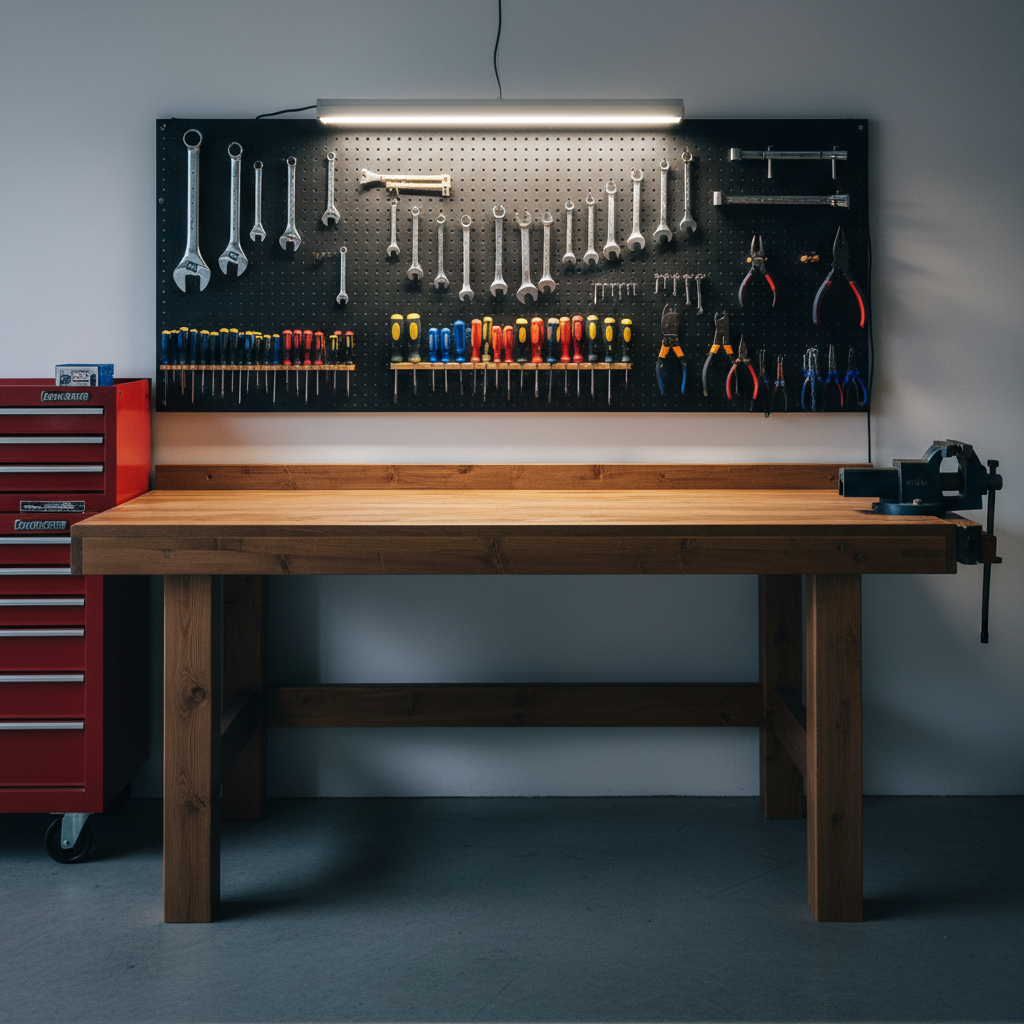 Perfekcyjnie zorganizowany stół warsztatowy w garażu. Na ścianie wiszą uporządkowane narzędzia na tablicy perforowanej. Blat roboczy wykonany z litego drewna jest czysty i gotowy do pracy. Nad stołem zamontowana jest długa, smukła lampa LED, która rzuca mocne, neutralne i skupione światło bezpośrednio na obszar roboczy, eliminując wszelkie cienie.
