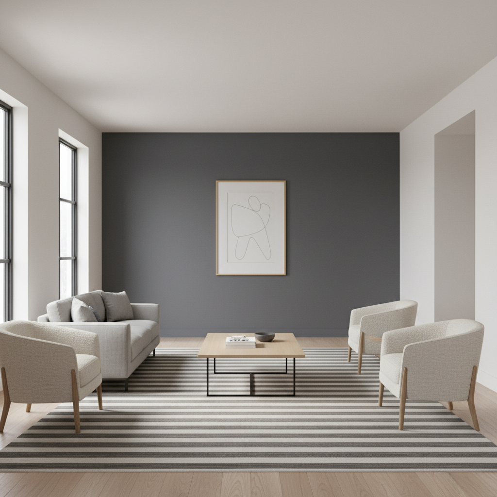 Długi, wąski salon, którego dalsza ściana jest pomalowana na głęboki, grafitowy kolor, co tworzy iluzję głębi i przybliża ją optycznie. Na tej ścianie wisi prosta, jasna grafika. Reszta ścian i sufit są w kolorze złamanej bieli. Na podłodze leży dywan w poprzeczne pasy.