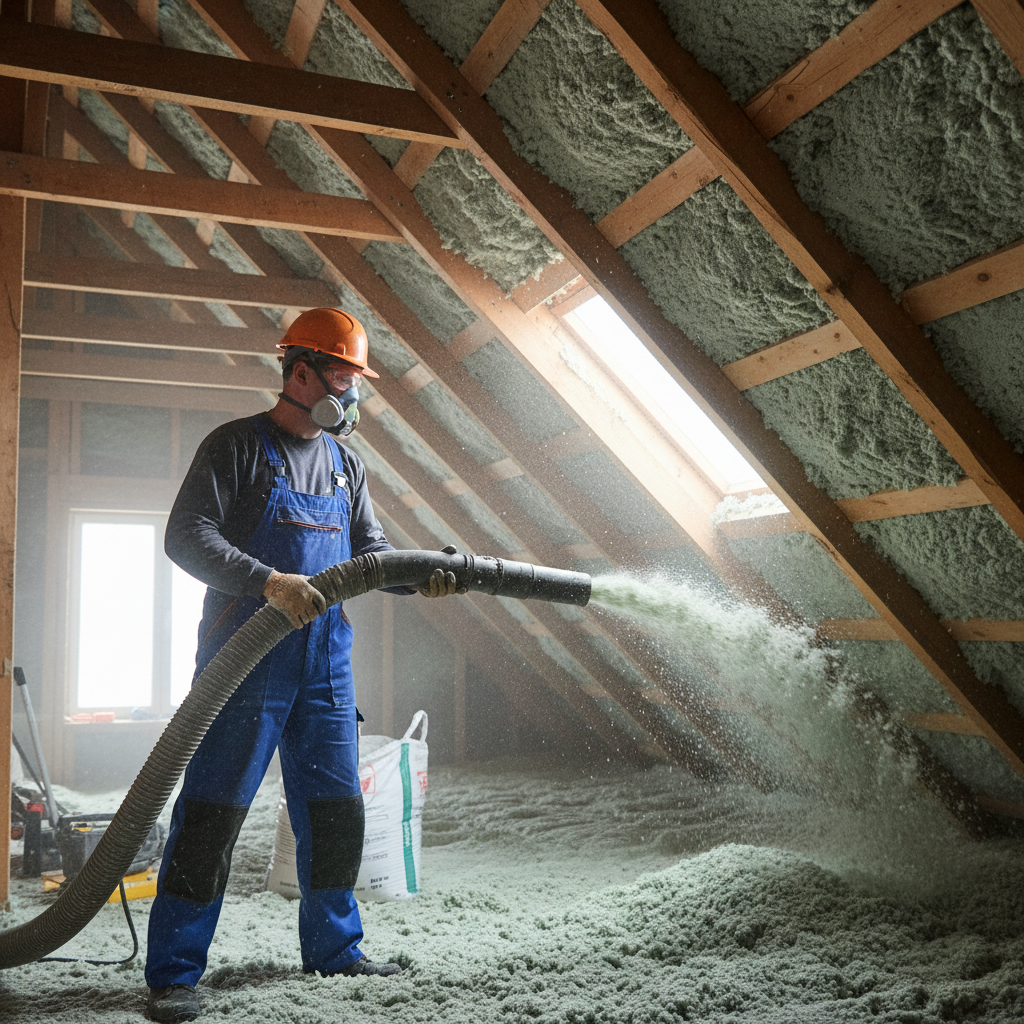 Zdjęcie przedstawiające profesjonalnego instalatora w ubraniu roboczym, który trzymając wąż wdmuchujący, precyzyjnie aplikuje izolację celulozową w przestrzeń między krokwiami na poddaszu. W tle widać drewnianą konstrukcję dachu, a w powietrzu unoszą się pojedyncze, lekkie włókna.