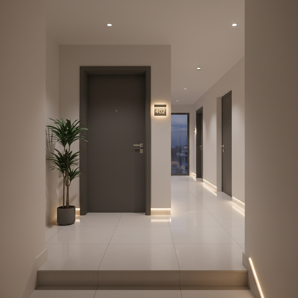 Elegancki korytarz w nowoczesnym apartamentowcu, widziany z perspektywy klatki schodowej. W centrum kadru znajdują się stylowe, ciemnoszare drzwi wejściowe do mieszkania z minimalistyczną, srebrną klamką. Podłoga korytarza wyłożona jest jasnym gresem. Po prawej stronie drzwi widać numer mieszkania. Ciepłe, ambientowe oświetlenie podkreśla przytulny i bezpieczny charakter wejścia.
