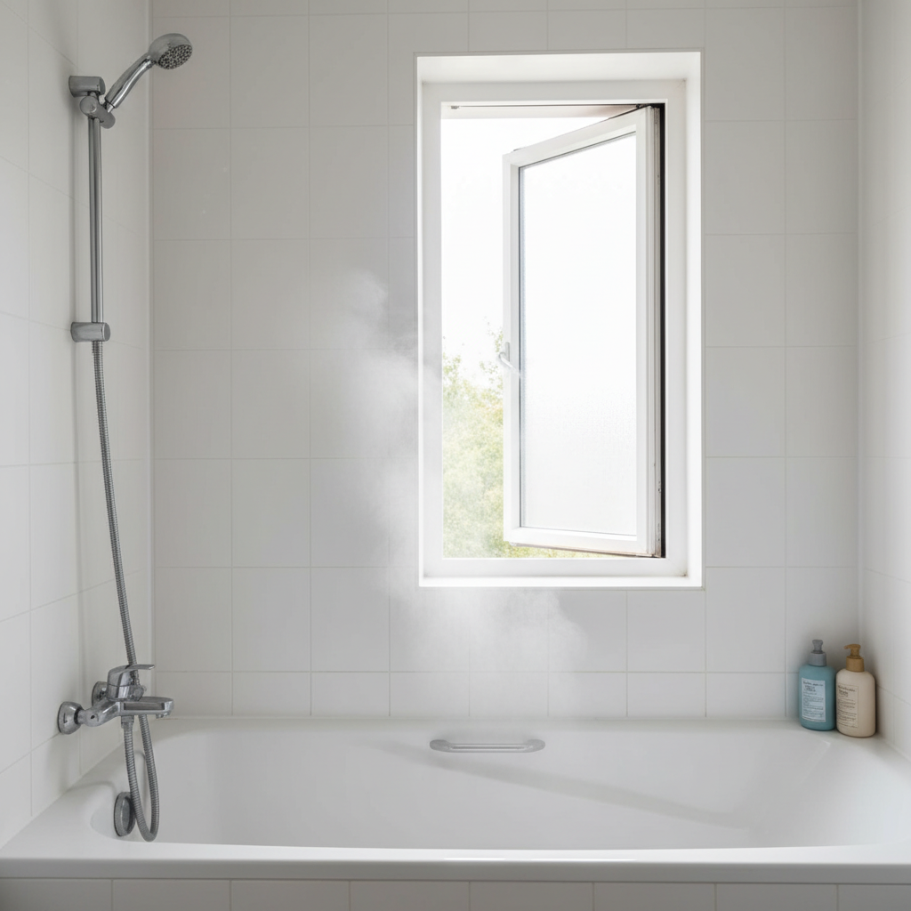 Jasna, minimalistyczna łazienka z parującą wanną. Kadr skupia się na lekko uchylonym oknie, przez które wpada świeże powietrze, symbolizując kluczową rolę prawidłowej wentylacji w zapobieganiu wilgoci i zagrzybieniu. Czyste, białe ściany i płytki podkreślają higieniczny charakter wnętrza.