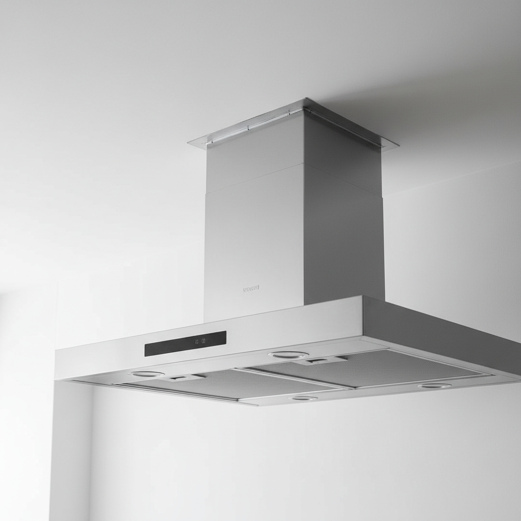Eleganckie, minimalistyczne wnętrze kuchni z centralnie umieszczonym nowoczesnym okapem wentylacyjnym w kolorze stali nierdzewnej. Zdjęcie ukazuje zbliżenie na czyste, precyzyjne uszczelnienie w kolorze aluminium wokół przewodu wentylacyjnego przy suficie. Estetyka jest czysta, techniczna i na wysokim poziomie.