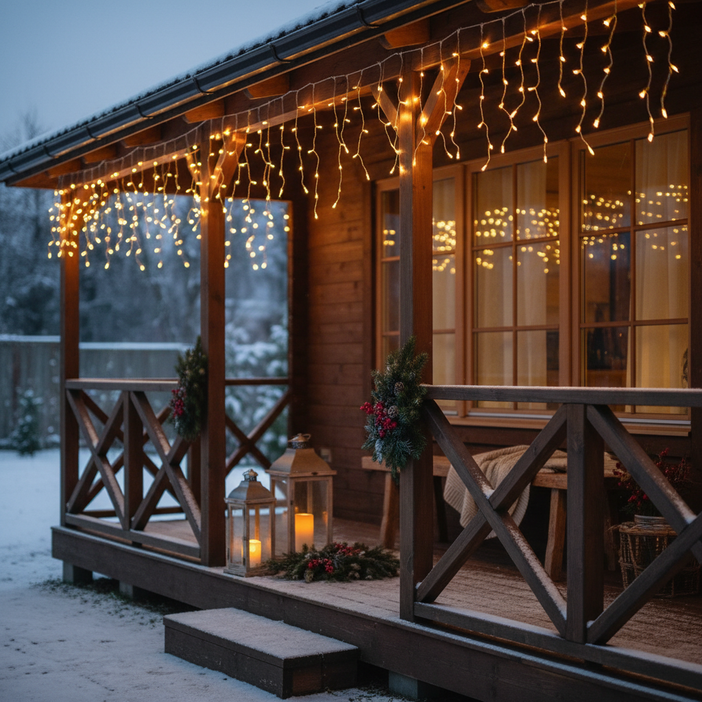 Przytulna, drewniana weranda domu udekorowana świetlną kurtyną o ciepłej barwie. Na werandzie stoją proste, zimowe dekoracje, takie jak lampiony i gałązki igliwia. Światło odbija się w oknach, tworząc magiczny, zapraszający efekt.