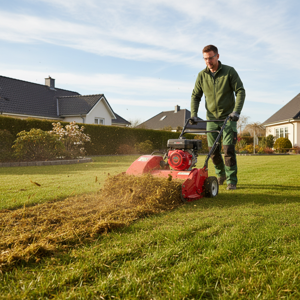Mężczyzna w roboczych ubraniach prowadzi wertykulator mechaniczny po trawniku. Maszyna wyrzuca z siebie warstwę starej, sfilcowanej trawy, odsłaniając zdrowszą darń poniżej. Akcja uchwycona w dynamicznym ujęciu, pokazującym proces odnowy trawnika.