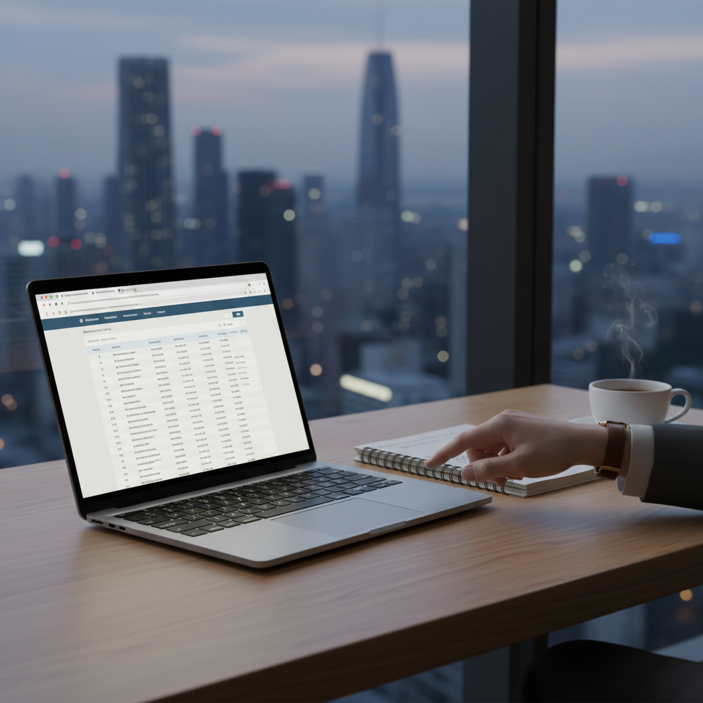 Eleganckie, minimalistyczne biurko z widokiem na miasto o zmierzchu. Na biurku stoi nowoczesny laptop z otwartą stroną internetową przypominającą rejestr firm. Obok leży notatnik z odręcznymi zapiskami i filiżanka kawy. Dłoń osoby siedzącej przy biurku precyzyjnie przesuwa palcem po touchpadzie. Całość tworzy atmosferę skupienia, analizy i podejmowania ważnej decyzji.