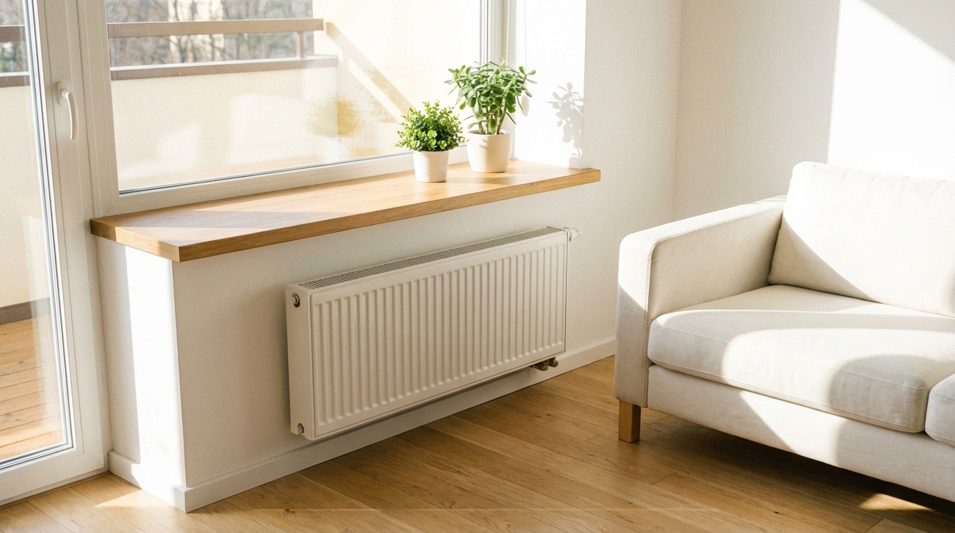 Nowoczesny, jasny salon z dużym oknem. Pod oknem, na białej ścianie, zamontowany jest elegancki, biały grzejnik panelowy. Nad grzejnikiem znajduje się szeroki, drewniany parapet, na którym stoją dwie małe doniczki z zielonymi roślinami. Światło słoneczne delikatnie wpada do pomieszczenia, tworząc ciepłą i przytulną atmosferę.