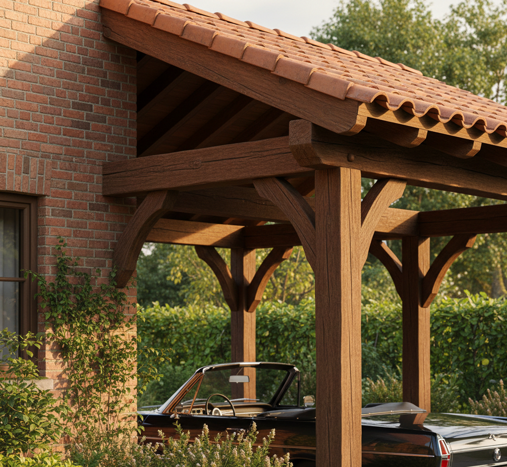 Ujęcie detalu stylowej, drewnianej wiaty garażowej przylegającej do domu o tradycyjnej architekturze z ceglaną elewacją. Grube, rzeźbione belki z ciemnego drewna wspierają dach pokryty ceramiczną dachówką. Pod wiatą widać fragment klasycznego samochodu, a w tle bujną, zieloną roślinność ogrodu. Zdjęcie ma ciepły, sielski klimat.