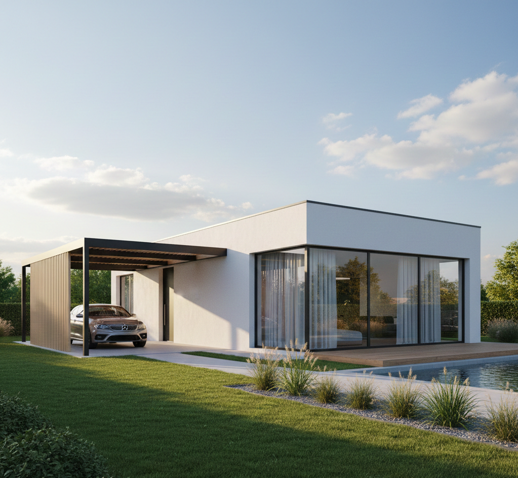 Elegancki, nowoczesny dom jednorodzinny w stylu minimalistycznym, z białą elewacją i dużymi przeszkleniami. Do bocznej ściany budynku przylega prosta, designerska wiata garażowa wykonana z czarnego metalu i jasnego drewna, pod którą zaparkowany jest nowoczesny samochód. Całość otoczona jest zadbanym ogrodem, a scena uchwycona jest w ciepłym świetle popołudniowego słońca.