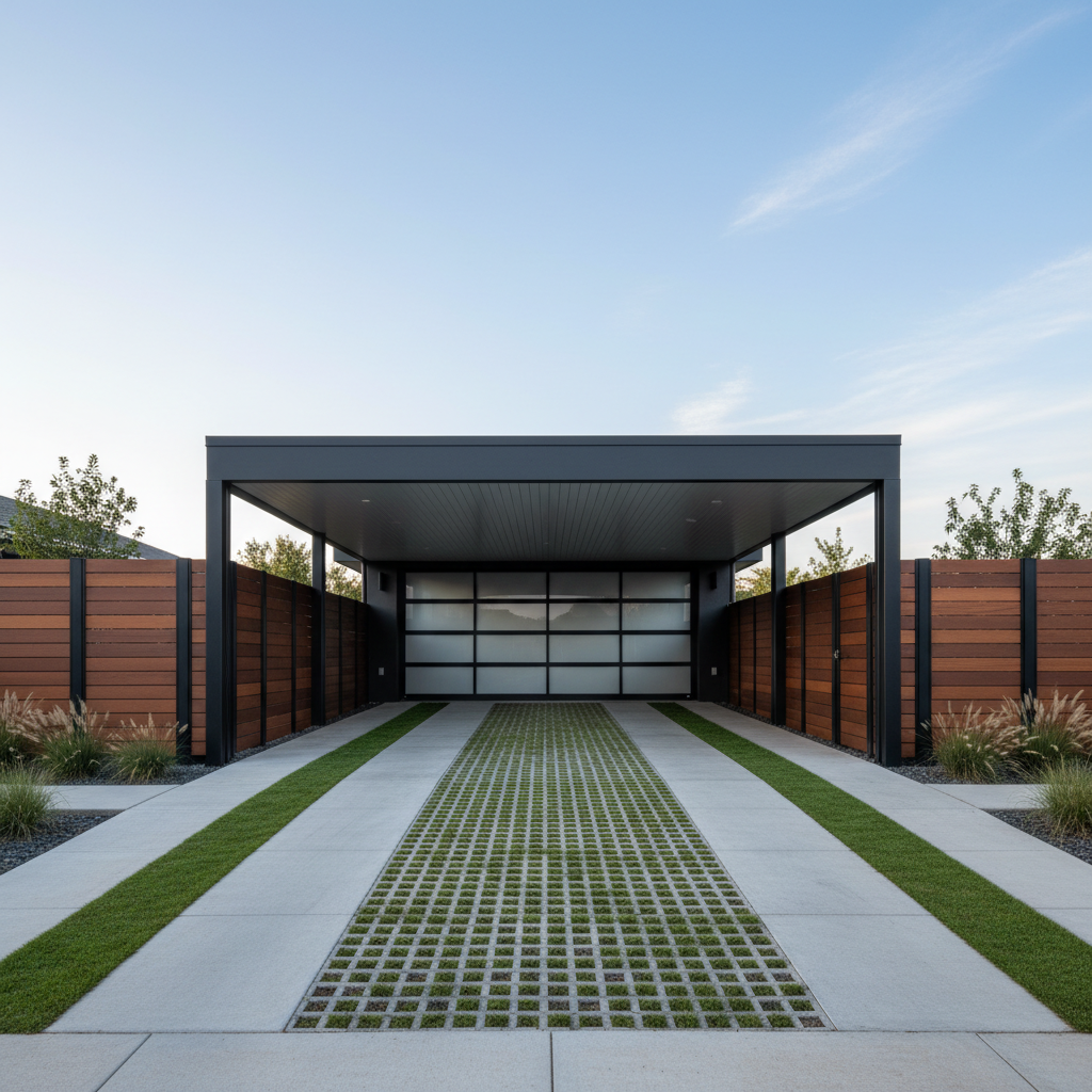 Elegancka, nowoczesna wiata przejazdowa wbudowana w linię ogrodzenia. Konstrukcja z ciemnego metalu i drewna, z płaskim dachem. Pod wiatą podjazd wykonany z dwóch rodzajów kostki: gładkiej szarej pod kołami i ażurowej, wypełnionej trawą, pośrodku.