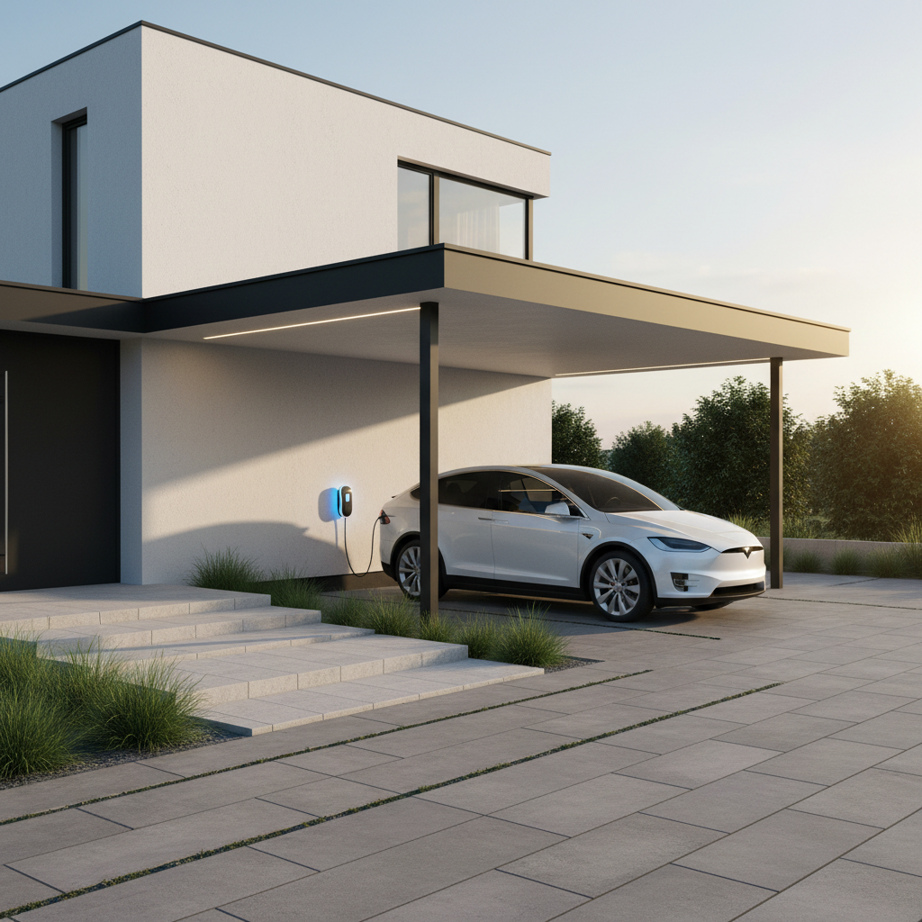 Nowoczesna wiata garażowa z płaskim dachem, dobudowana do ściany minimalistycznego domu. Pod wiatą stoi samochód elektryczny podłączony do ładowarki. Nawierzchnia wykonana z geometrycznych płyt betonowych, z wyraźnie zaznaczonym podniesionym chodnikiem wzdłuż ściany budynku.