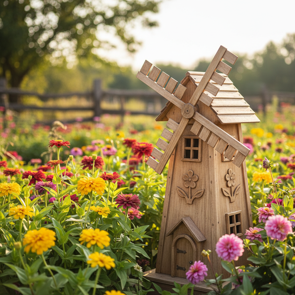 Uroczy, dekoracyjny drewniany wiatrak ogrodowy stojący pośród bujnego klombu z kolorowymi kwiatami, takimi jak cynie i dalie. Tło jest lekko rozmyte, skupiając uwagę na detalu wiatraka i jego naturalnym otoczeniu. Światło jest miękkie i ciepłe, podkreślając fakturę drewna i żywe barwy kwiatów.