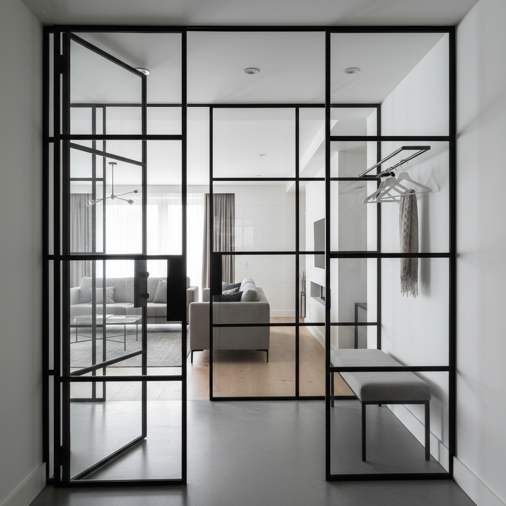 Elegancki, przeszklony wiatrołap z czarnymi, metalowymi ramami w stylu loft. Przez szklane ściany widać fragment nowocześnie urządzonego salonu, co tworzy wrażenie przestronności. Wewnątrz wiatrołapu znajduje się proste siedzisko i minimalistyczny wieszak. Rozwiązanie to łączy w sobie funkcjonalność i nowoczesny design.