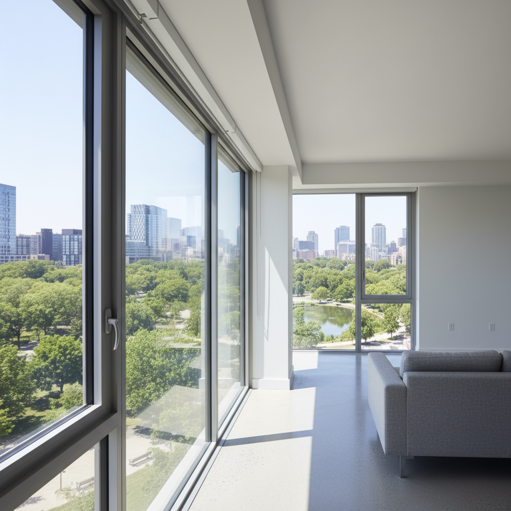 Widok z okna nowoczesnego mieszkania, patrząc na bujny, zielony park miejski w słoneczny letni dzień. Wnętrze jest minimalistyczne i jasne, aby skupić uwagę na widoku. Obraz ma charakter aspiracyjny i podkreśla wartość, jaką daje piękna panorama.