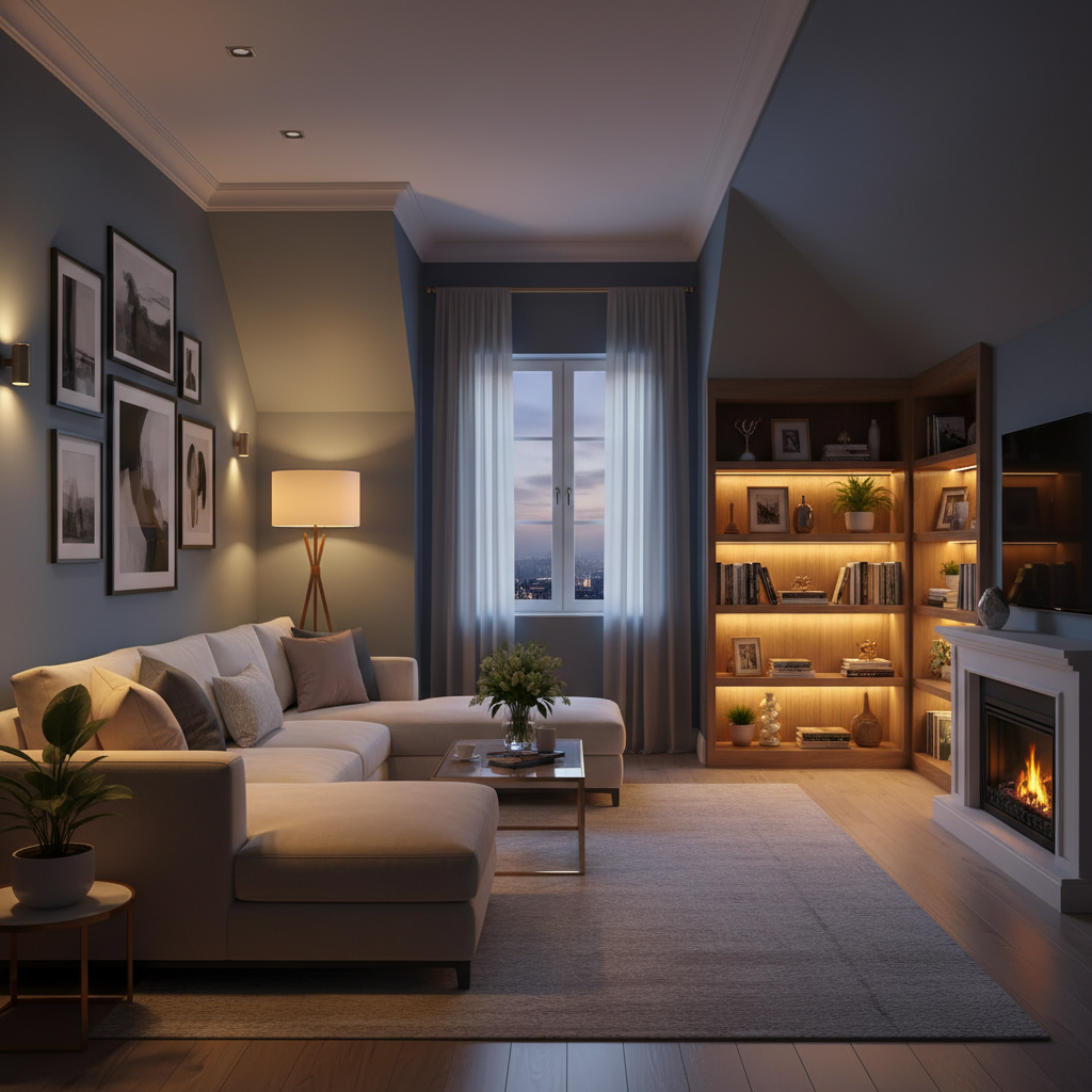 Elegancki salon na poddaszu wieczorową porą. Główne światło jest zgaszone, a nastrój tworzy wiele punktów świetlnych: ciepłe światło z lampy podłogowej obok sofy, kinkiety oświetlające ścianę z obrazami oraz delikatne podświetlenie półek. Wnętrze jest przytulne i klimatyczne.