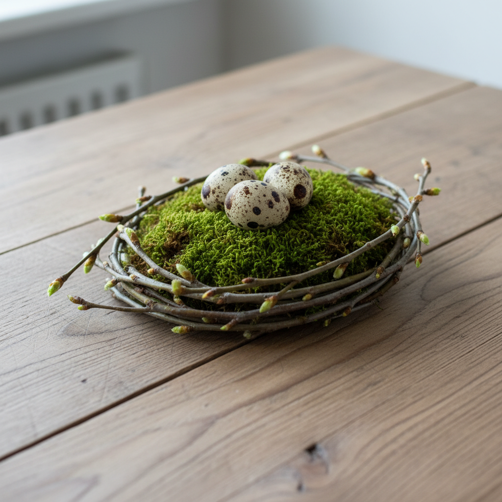 Zbliżenie na elegancki, minimalistyczny stroik wielkanocny leżący na drewnianym stole. Kompozycja składa się z gałązek brzozy, poduszki z zielonego mchu, na której spoczywa kilka naturalnych, nakrapianych jajek przepiórczych. Światło jest miękkie i naturalne, podkreślając fakturę drewna i delikatność jajek.