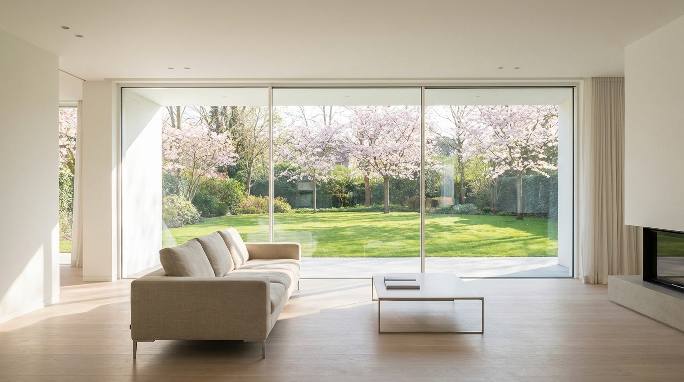 Nowoczesny, przestronny salon z ogromnym oknem od podłogi do sufitu wychodzącym na słoneczny ogród. Wnętrze jest jasne, wypełnione naturalnym światłem, a za oknem widać zielony trawnik i kwitnące drzewa. Minimalistyczne meble podkreślają przestrzeń i widok.