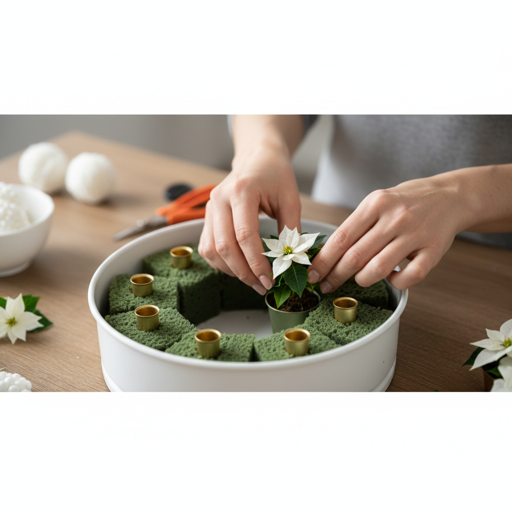 Zbliżenie na dłonie osoby, która delikatnie umieszcza miniaturową białą poinsecję w doniczce wewnątrz pomalowanej na biało tortownicy. W tle widać już zamocowane bloczki zielonej gąbki florystycznej i metalowe uchwyty na świece. Scena jest jasna, estetyczna i skupiona na procesie twórczym.