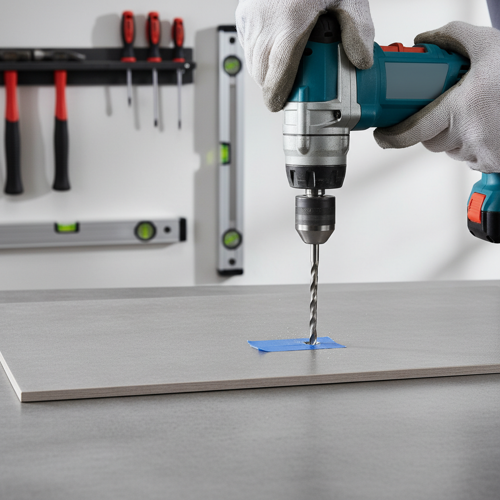 Zbliżenie na dłonie majsterkowicza, który precyzyjnie wierci otwór w nowoczesnej, szarej płytce łazienkowej. Na płytce naklejona jest taśma maskująca, która zapobiega ślizganiu się wiertła. W tle widać inne narzędzia i poziomice, co sugeruje profesjonalne podejście do pracy.