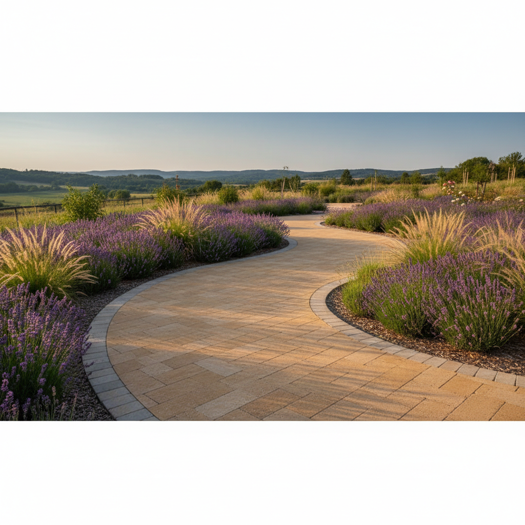 Malownicza, kręta ścieżka ogrodowa wykonana z kostki brukowej w ciepłych, piaskowych odcieniach, wijąca się przez ogród pełen lawendy i ozdobnych traw. Brzegi ścieżki są precyzyjnie wykończone elementami Kravento Grande, które podkreślają jej płynny, organiczny kształt. Słońce rzuca długie cienie, tworząc idylliczną, spokojną atmosferę. Zdjęcie wykonane z nieco podwyższonej perspektywy, aby ukazać piękno łuków i krzywizn.