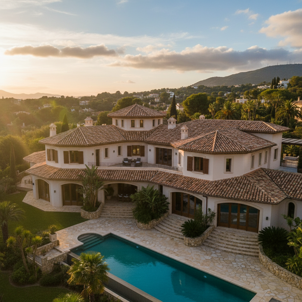 Zdjęcie luksusowej, rozłożystej willi o skomplikowanej bryle, zwieńczonej dachem wielopołaciowym pokrytym czerwoną dachówką ceramiczną. Słońce podkreśla grę świateł i cieni na licznych załamaniach dachu, ukazując kunszt wykonania.