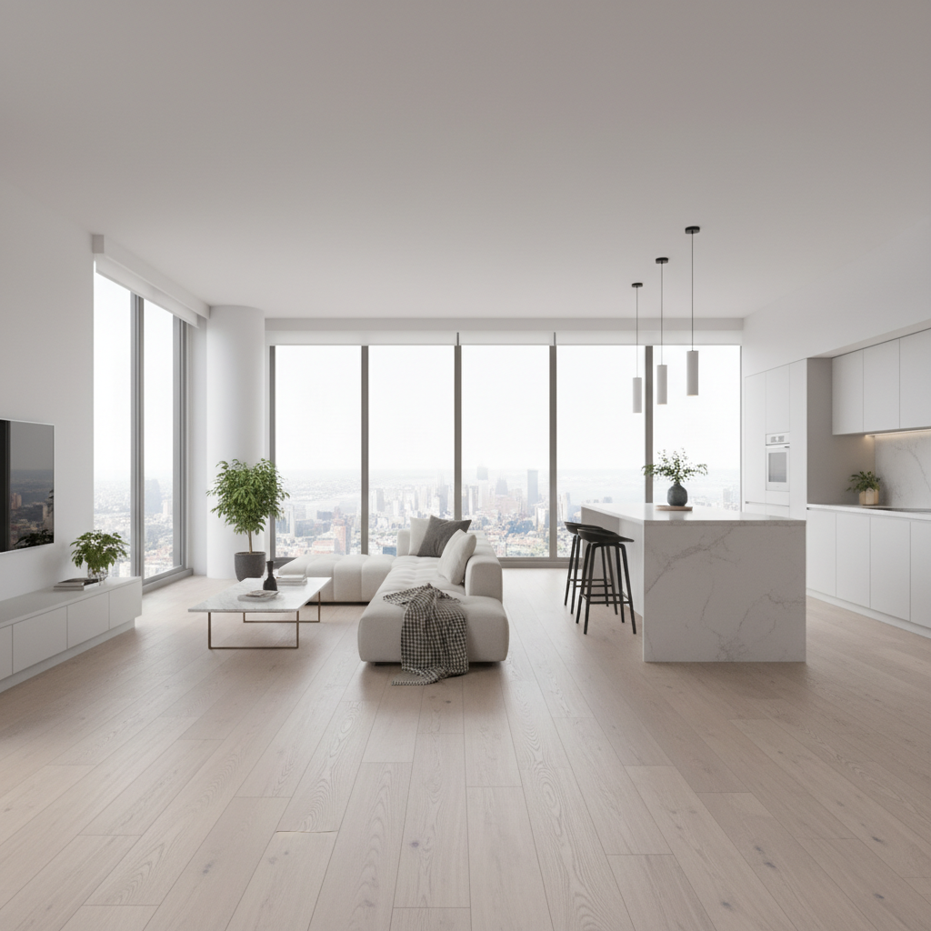 Fotorealistyczne ujęcie przestronnego, nowoczesnego salonu połączonego z kuchnią. Jasne wnętrze z dużymi oknami, minimalistyczne meble. Na podłodze widoczne są piękne panele winylowe imitujące jasne drewno dębowe, które dodają wnętrzu ciepła i elegancji. Delikatne, naturalne światło podkreśla teksturę podłogi.
