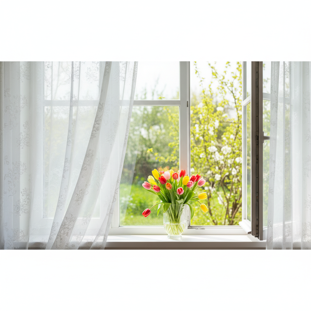 Słoneczne wnętrze z otwartym na oścież oknem. Delikatne, białe firany z subtelnym motywem roślinnym poruszają się na lekkim wietrze. Na parapecie stoi szklany wazon ze świeżo ściętymi tulipanami. W tle widać budzącą się do życia zieleń ogrodu. Całość tworzy radosną, świeżą i lekką atmosferę.