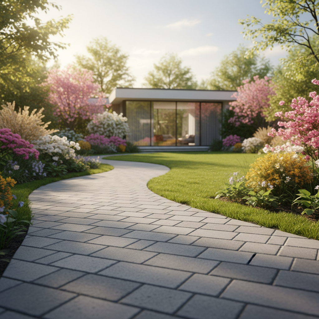 Słoneczny, wiosenny dzień w pięknie utrzymanym ogrodzie. Na pierwszym planie widać czystą, elegancką ścieżkę z szarej kostki brukowej prowadzącą w głąb ogrodu. W tle widać zadbany trawnik, kwitnące krzewy i nowoczesny dom. Obraz ma ciepłą, zachęcającą atmosferę, symbolizującą satysfakcję z zadbanej przestrzeni po zimie. Perspektywa zdjęcia jest niska, co podkreśla jakość i fakturę nawierzchni.