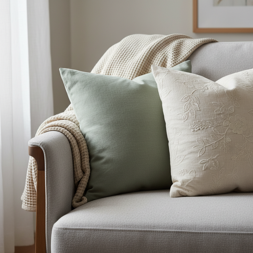 Zbliżenie na róg sofy lub fotela. Na siedzisku leżą dwie lub trzy poduszki w lnianych poszewkach o różnych fakturach - jedna gładka w kolorze szałwiowej zieleni, druga w kolorze złamanej bieli z delikatnym haftem. Przez oparcie mebla przerzucony jest lekki, bawełniany pled o wafelkowej strukturze w naturalnym, beżowym kolorze. Scena jest oświetlona miękkim, bocznym światłem.