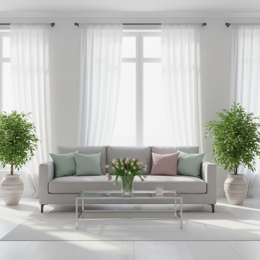 Jasny, przestronny salon skąpany w porannym słońcu. Duże okna z lekkimi, białymi zasłonami. W centrum znajduje się wygodna, jasnoszara sofa z kilkoma poduszkami w pastelowych kolorach (miętowy, pudrowy róż). Na stoliku kawowym stoi szklany wazon z bukietem świeżych tulipanów. W tle widać duże, zielone rośliny doniczkowe w stylowych osłonkach. Całość emanuje świeżością, lekkością i spokojem.