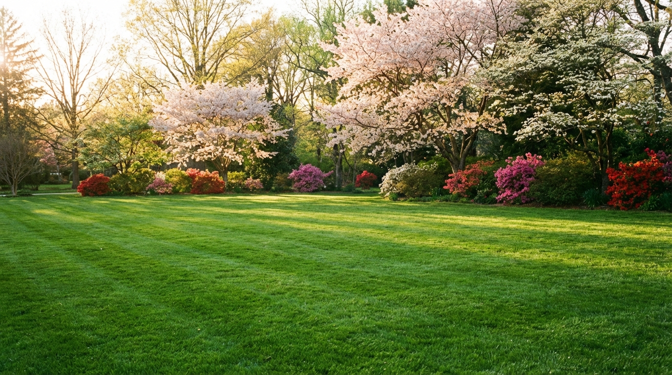 Szerokie ujęcie idealnie zielonego, zadbanego trawnika w słoneczny wiosenny dzień. W tle kwitnące drzewa i krzewy. Obraz emanuje świeżością i spokojem, przedstawiając efekt końcowy udanej pielęgnacji.