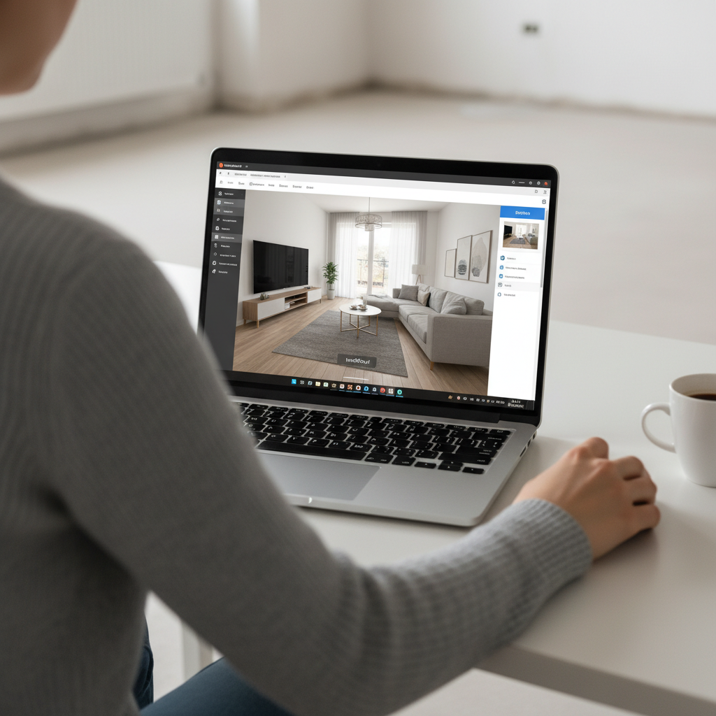 Zdjęcie przedstawiające osobę siedzącą przy biurku. Na ekranie laptopa widać interfejs programu ImoPlan.pl z realistyczną wizualizacją 3D nowoczesnego salonu. Osoba za pomocą myszki przesuwa wirtualną sofę, dopasowując jej położenie. W tle, za osobą, widać fragment prawdziwego, jeszcze nieumeblowanego pokoju, co tworzy wrażenie planowania przyszłej przestrzeni.