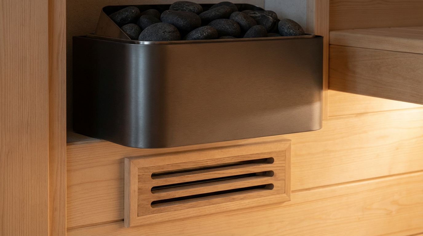 Zbliżenie na dolną część nowoczesnego pieca do sauny elektrycznej z czarnymi kamieniami. U podstawy pieca, na ścianie z jasnych, drewnianych paneli, widoczny jest estetyczny, prostokątny wlot powietrza. Subtelne światło podkreśla fakturę drewna i matowego metalu pieca.