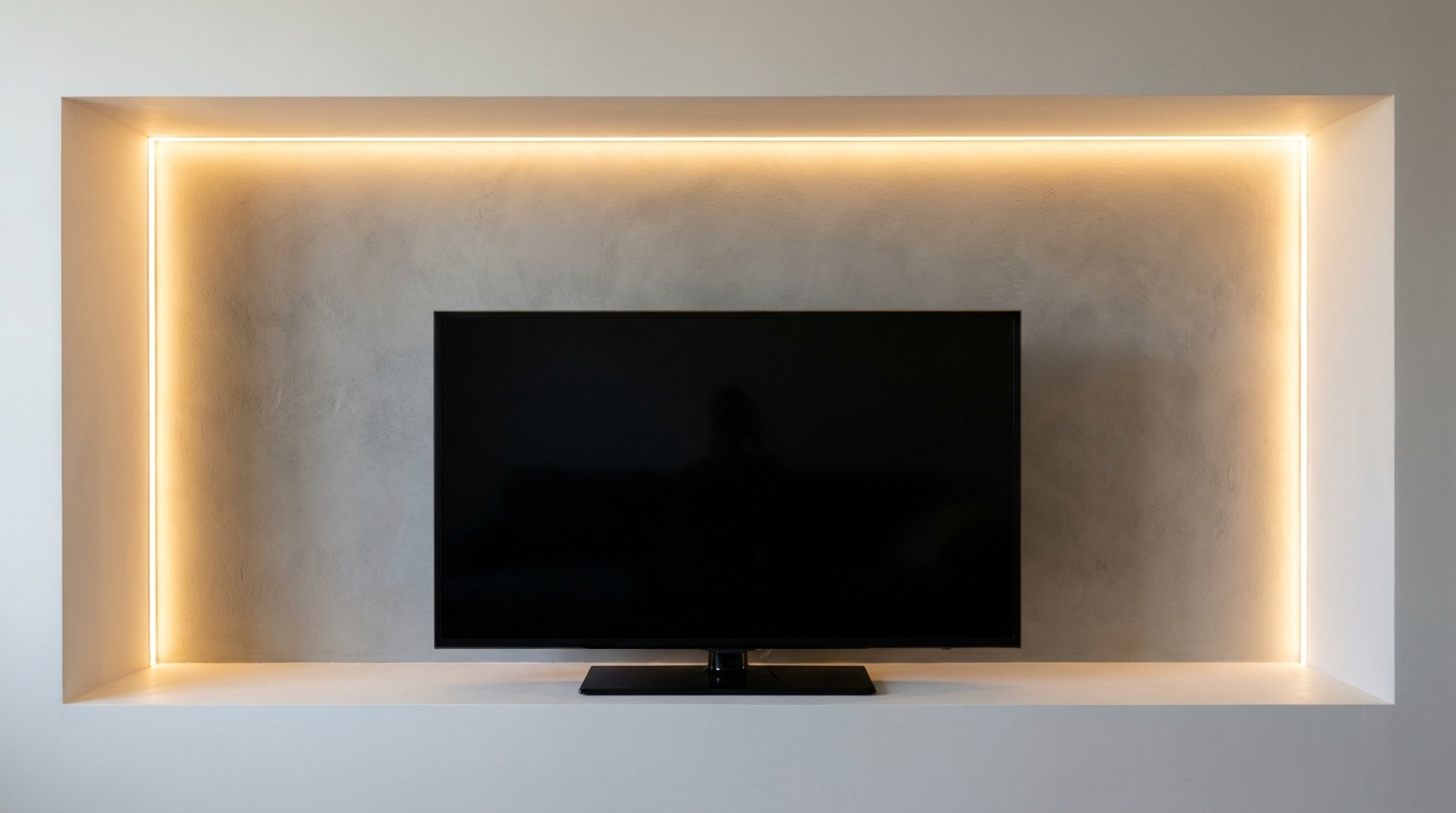Zbliżenie na elegancką wnękę ścienną w salonie, wykonaną z płyt gipsowo-kartonowych. W centralnej części wnęki wisi duży, czarny telewizor z płaskim ekranem. Wokół niego, wewnątrz zabudowy, biegnie dyskretna taśma LED emitująca ciepłe, nastrojowe światło, które subtelnie oświetla ścianę za telewizorem. Wnętrze jest minimalistyczne i nowoczesne.