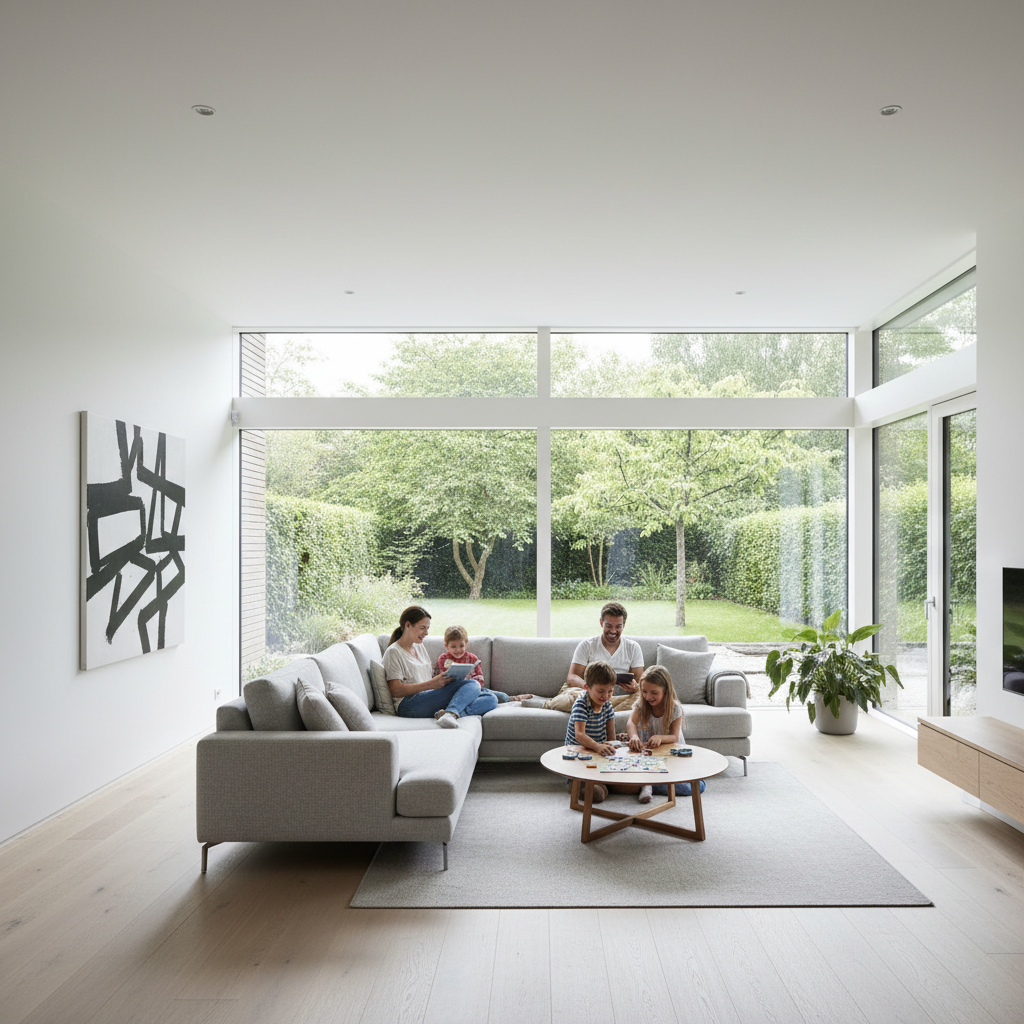 Jasny, minimalistyczny salon w nowoczesnym domu jednorodzinny, z dużymi oknami wychodzącymi na ogród. Wnętrze jest przestronne i czyste, bez widocznych tradycyjnych grzejników, co sugeruje nowoczesny, ukryty system ogrzewania. Rodzina relaksuje się na kanapie, ciesząc się komfortem.