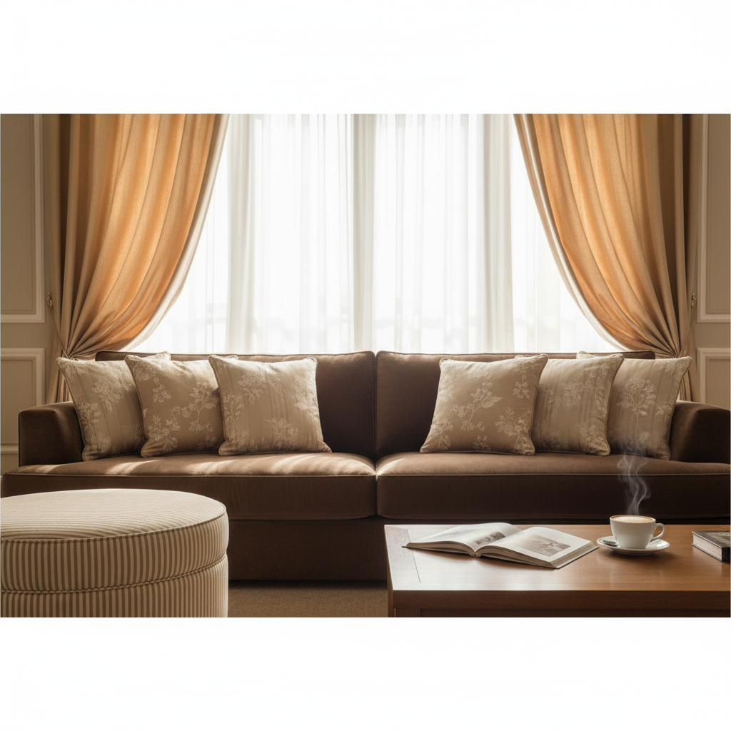 Panoramiczne, fotorealistyczne ujęcie przestronnego, zalanego miękkim porannym światłem salonu. W centralnym punkcie znajduje się duża, wygodna sofa w kolorze głębokiego brązu, udekorowana licznymi poduszkami z kolekcji Arcana w odcieniach beżu, ecru i wzorami w delikatne pasy oraz kwiaty. Obok sofy stoi elegancki puf w pasującym wzorze. W tle widać duże okno z powiewającymi, długimi zasłonami w kolorze kawy z mlekiem, sięgającymi od sufitu do podłogi. Na stoliku kawowym leży otwarta książka i filiżanka parującego cappuccino. Całość emanuje spokojem, ciepłem i wyrafinowaną elegancją.