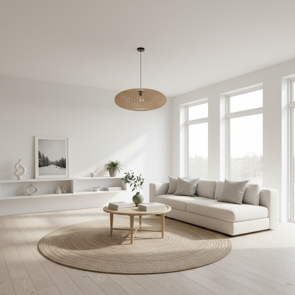 Jasne, przestronne wnętrze salonu w nowoczesnym domu, urządzone w stylu skandynawskim. Duże okna wpuszczają mnóstwo naturalnego światła, które odbija się od gładkich, białych ścian. Minimalistyczne meble i starannie dobrane dodatki podkreślają poczucie przestrzeni i swobody, symbolizując korzyści płynące z większej powierzchni użytkowej.