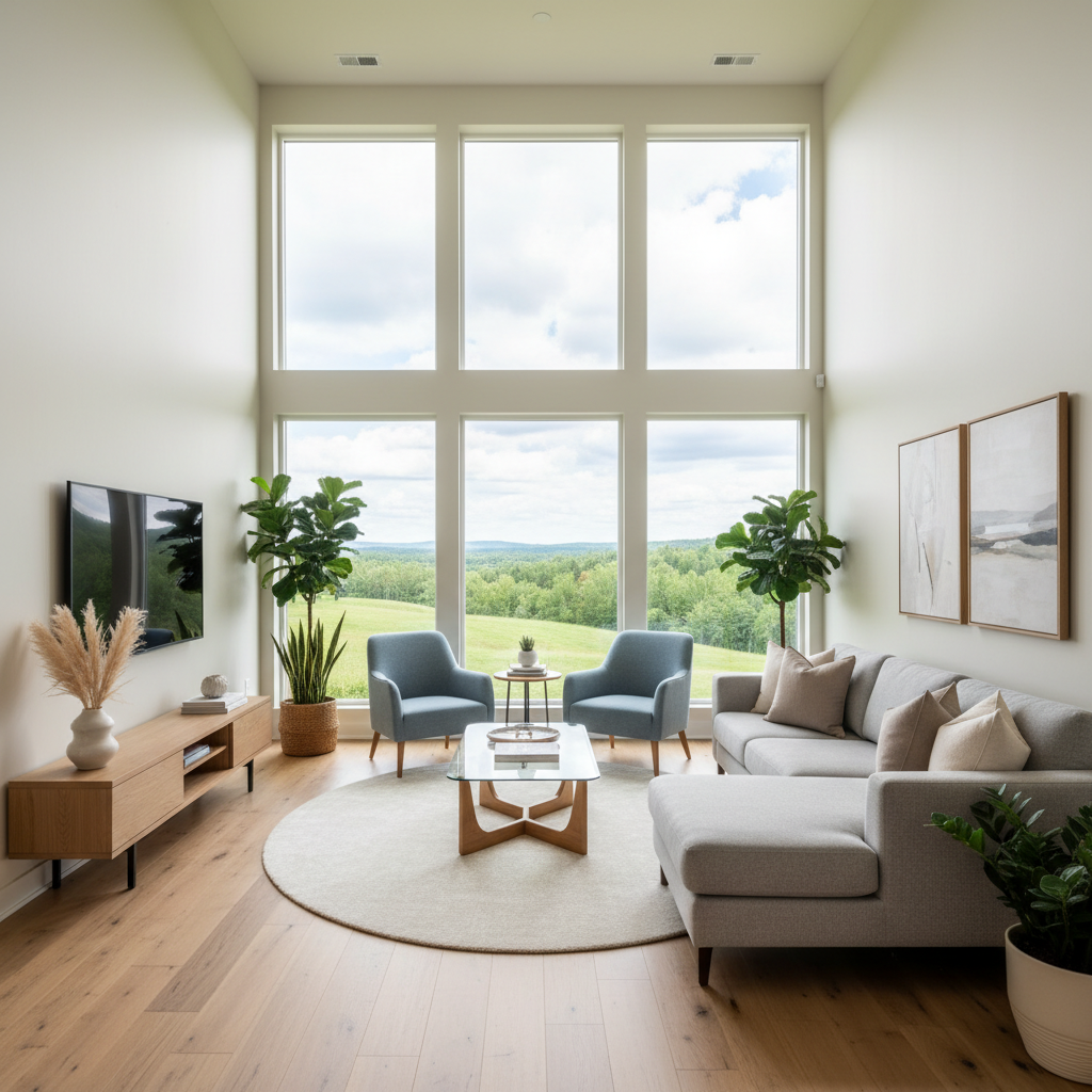 Jasny, przestronny salon w domu energooszczędnym, z dużymi, trzyszybowymi oknami sięgającymi od podłogi do sufitu, przez które wpada mnóstwo naturalnego światła. Wnętrze jest minimalistyczne, z drewnianą podłogą i nowoczesnymi meblami, emanuje spokojem i komfortem cieplnym.