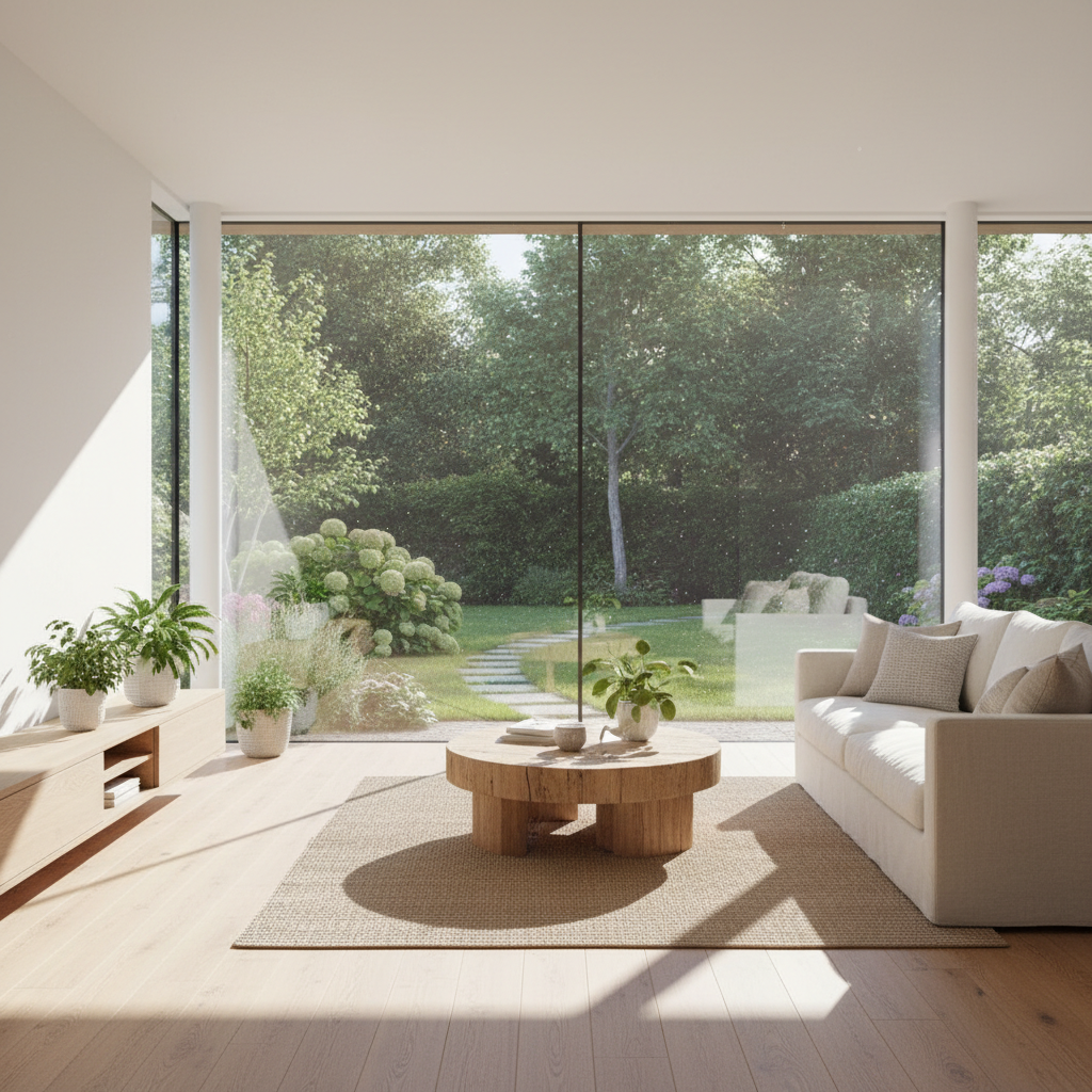 Jasne, przestronne wnętrze salonu z dużymi oknami wychodzącymi na ogród. Wnętrze jest minimalistyczne, z naturalnymi materiałami, a przez okna wpada mnóstwo światła słonecznego, tworząc ciepłą i przytulną atmosferę.