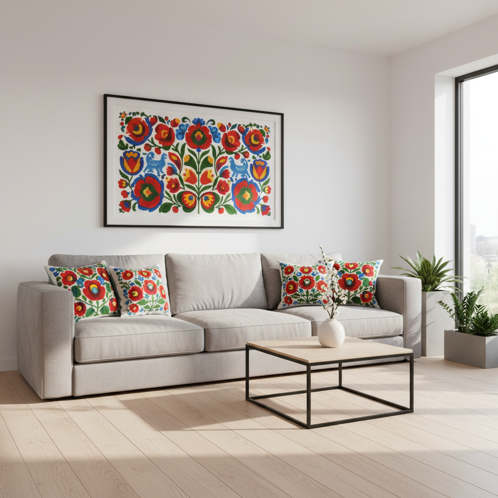 Jasny i przestronny salon urządzony w nowoczesnym, minimalistycznym stylu. Głównym punktem aranżacji jest duża, wygodna sofa, na której leżą kolorowe poduszki z ludowymi, kwiatowymi haftami. Na ścianie za sofą wisi duży, stylizowany na wycinankę łowicką obraz w nowoczesnej ramie. Przez duże okno wpada naturalne światło, ocieplając drewnianą podłogę. Aranżacja jest harmonijna, pokazuje idealną równowagę między nowoczesnością a tradycją.