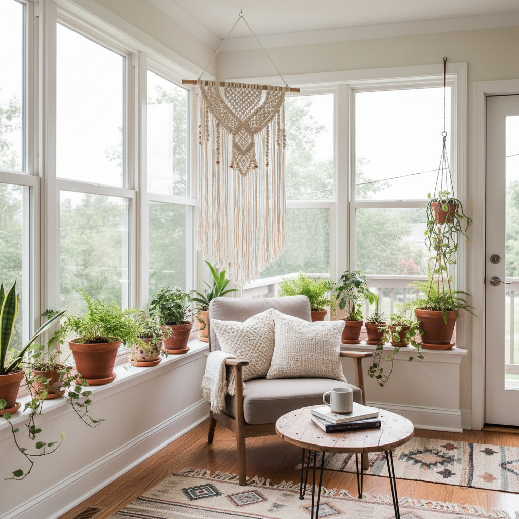 Jasne, przytulne wnętrze przeszklonego ganku w stylu boho. Przez duże, nowoczesne okna wpada mnóstwo dziennego światła, oświetlając drewnianą podłogę i wygodny fotel z miękkimi poduszkami. Na parapecie stoją doniczki z zielonymi roślinami, a z sufitu zwisa makrama. Całość tworzy atmosferę relaksu i spokoju.